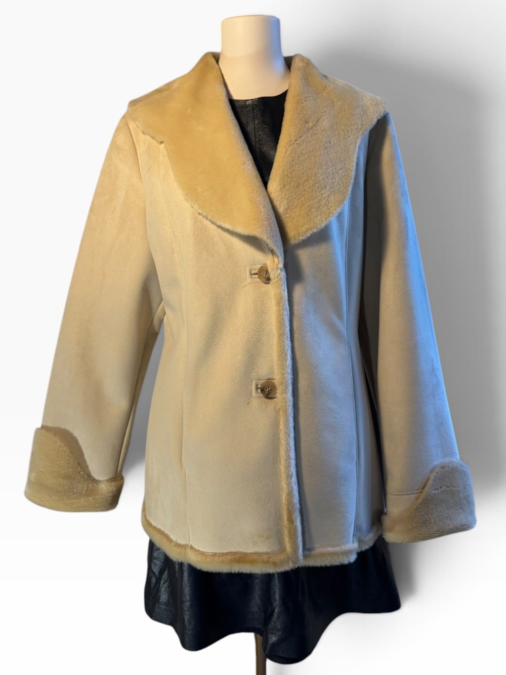 Calvin Klein Faux Shearling Jacket L Cream Shawl Collar Faux Suede